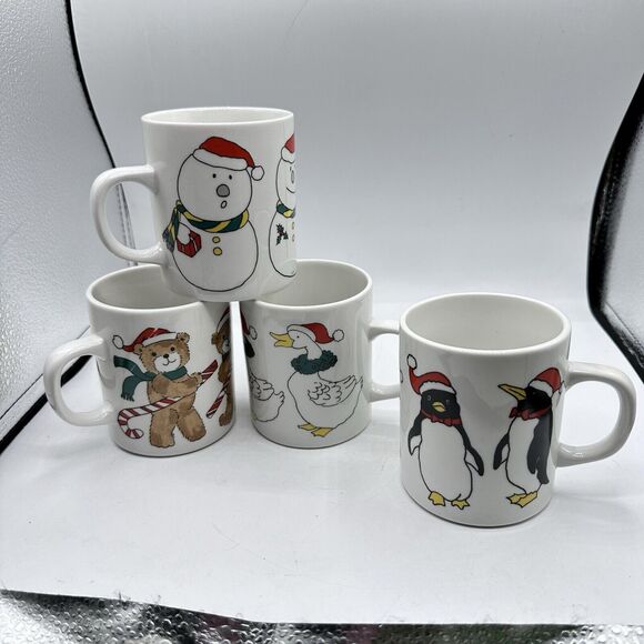 Vintage 1980s X4 Christmas Mugs 10 oz Porcelain Kitschmas In Box Kitsch - Picture 10 of 12